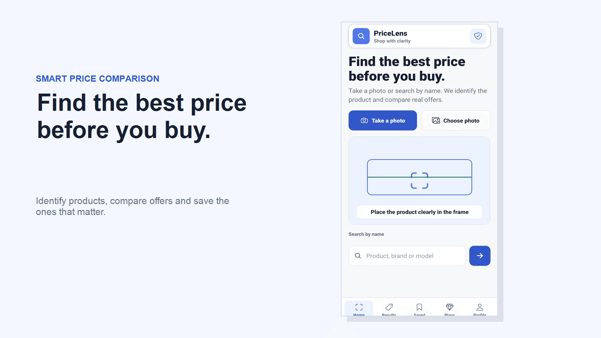 PriceLens mobile app showing product photo and search tools
