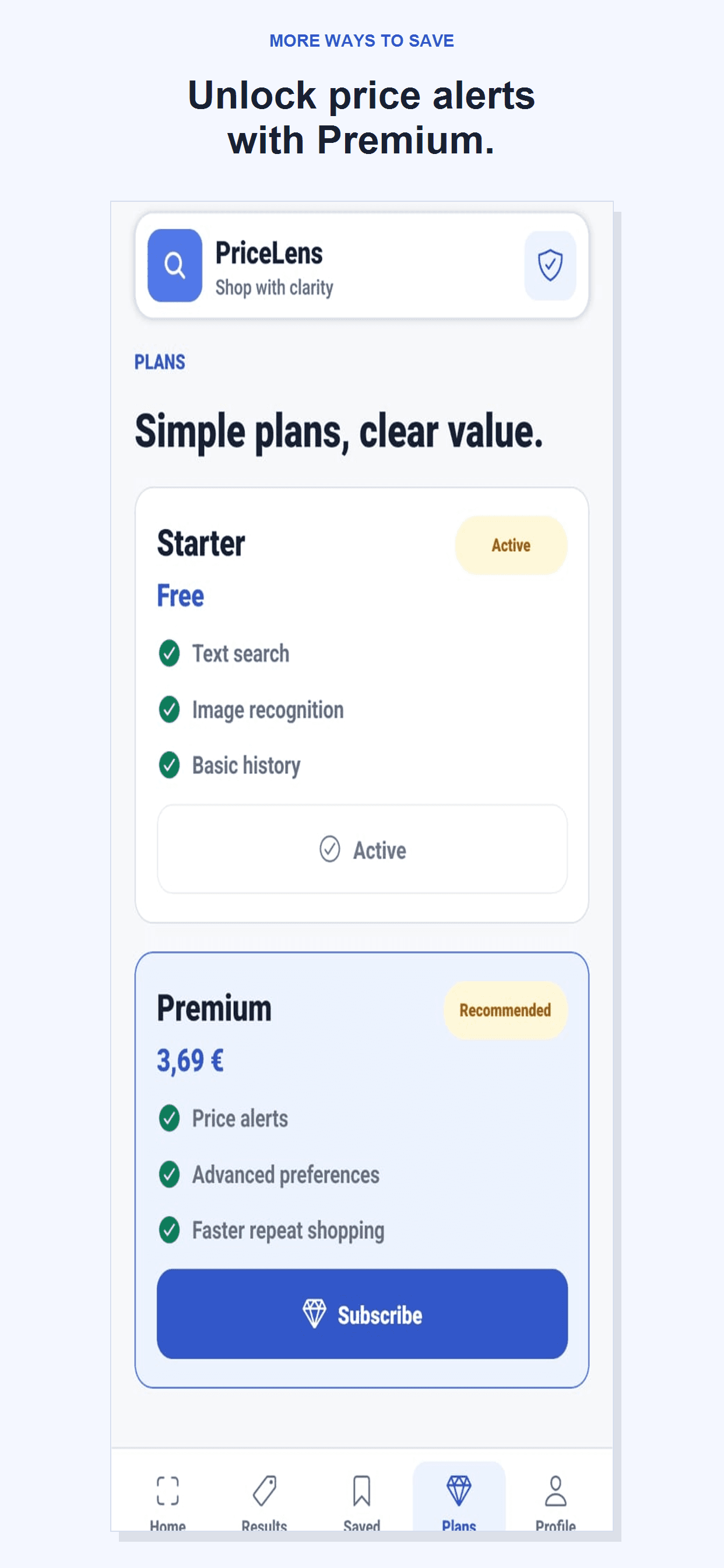 PriceLens subscription plans